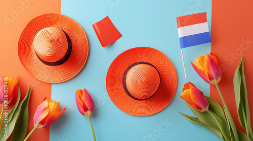 Celebrate Dutch Kings Day with vibrant orange hats, tulips, and flags in a festive arrangement, highlighting this iconic national celebration