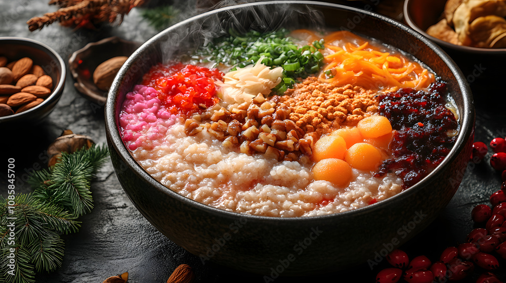 A Visually Rich Still Life of a Steaming Bowl of Laba Congee with Colorful Toppings and Traditional Elements A Visually Rich Still Life of a Steaming Bowl of Laba Congee with Colorful Toppings and Traditional Elements