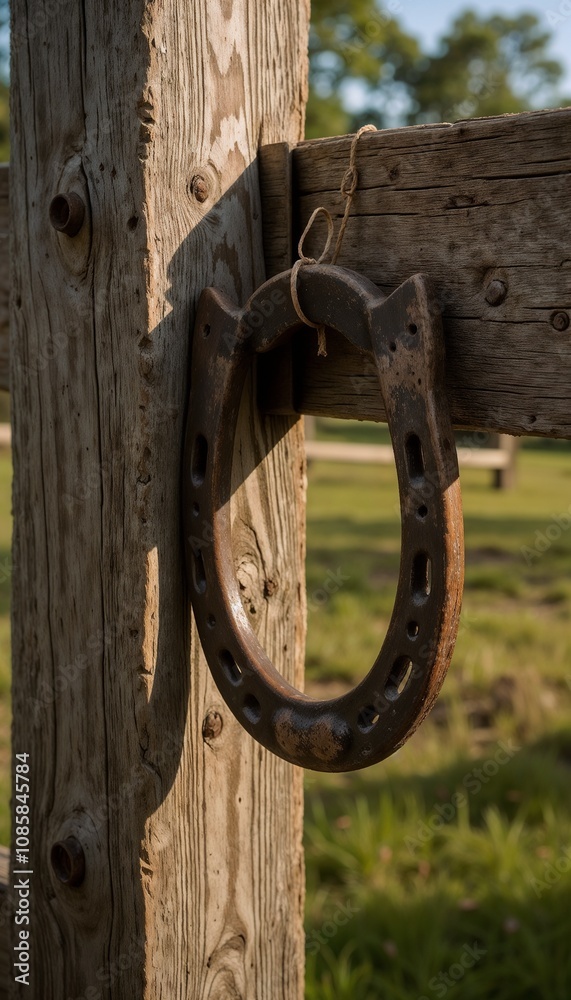 Horseshoe hanging on a rustic wooden fence post for good luck and country charm Horseshoe hanging on a rustic wooden fence post for good luck and country charm