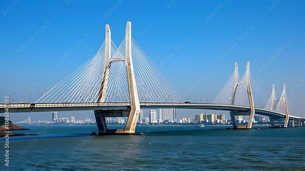 Obraz premium Breathtaking Modern Bridge Architecture Connecting Mumbai s Coastal Cityscape