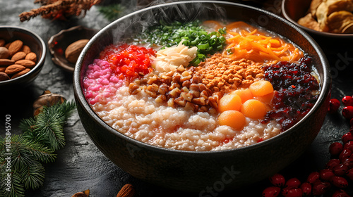 A Visually Rich Still Life of a Steaming Bowl of Laba Congee with Colorful Toppings and Traditional Elements photo