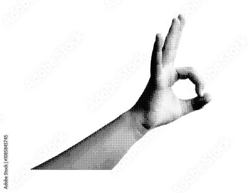 Hand gesture showing OK sign with fingers, isolated in retro halftone dot style. Positive and nostalgic symbol, perfect for 1990s inspired designs. Vintage grunge texture in