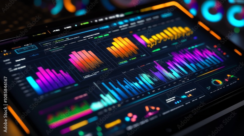 Diagram study on a tablet computer featuring numerous vibrant charts Diagram study on a tablet computer featuring numerous vibrant charts