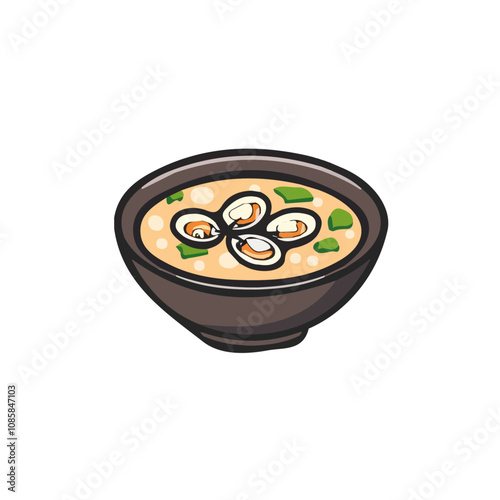 Simple flat 2D illustration of clam miso soup isolated on a white background, Ai design