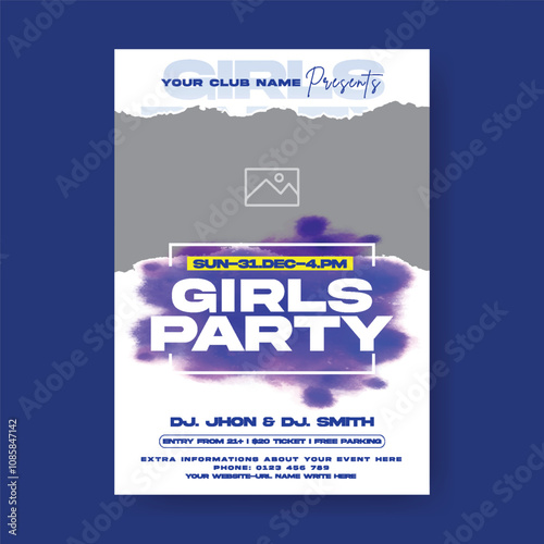Modern Party invitation vertical editable print flyer or poster template for nightclub dance poster, DJ music night party flyer,  concert, disco party flyer place for image, Nigh Party leaflet 