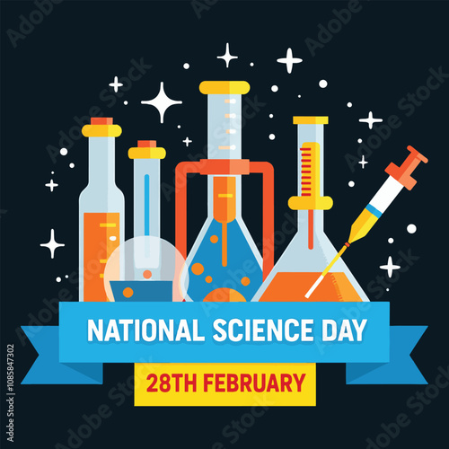 Science Day Vector with Science Equipment and Symbols.