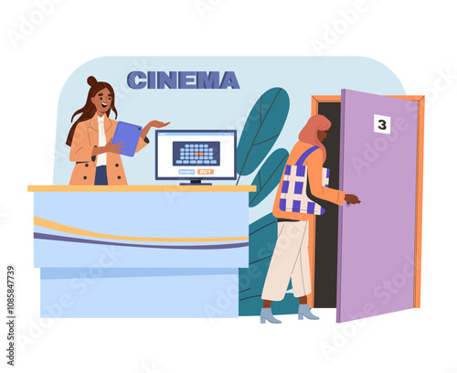 Cinema ticket office. Woman sells cinema tickets. Cultural recreation and leisure. Premiere and concert. Entrance to hall. Flat vector illustration isolated on white background