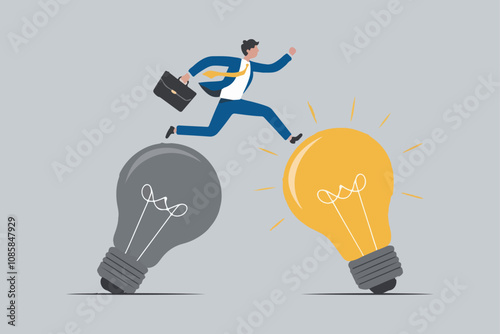 businessman jumping from dull light bulb to bright light bulb symbolizing innovation vector illustration.

