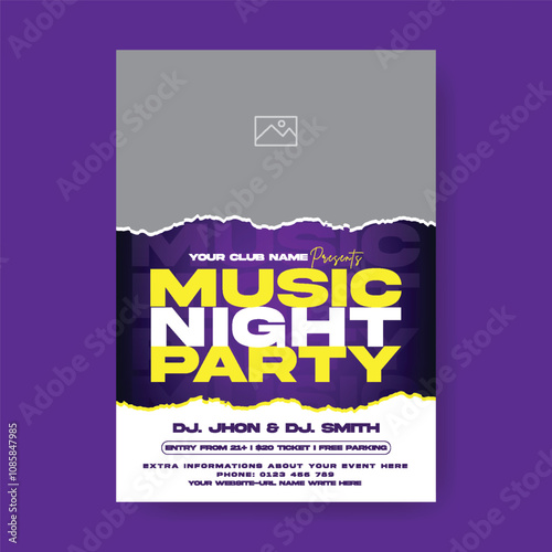 Modern Party invitation vertical editable print flyer or poster template for nightclub dance poster, DJ music night party flyer,  concert, disco party flyer place for image, Nigh Party leaflet 