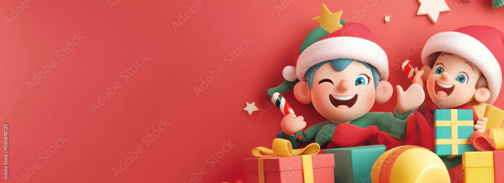 Fototapeta premium Cheerful red Christmas banner with playful elves and gifts