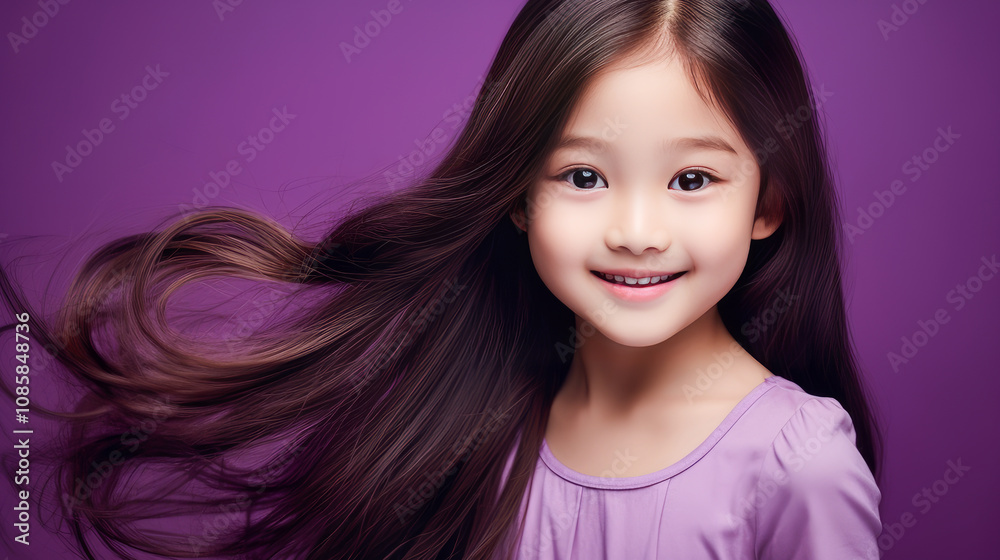 Portrait of smiling asian girl child with long white hair purple background. Portrait of smiling asian girl child with long white hair purple background.