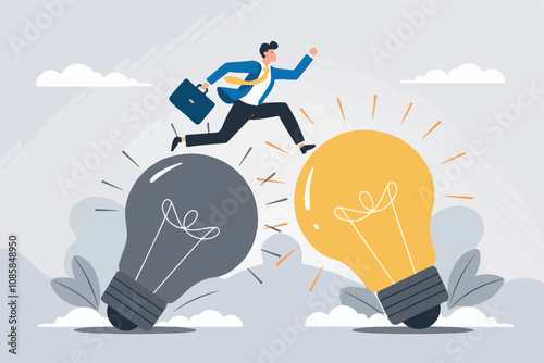 businessman jumping from dull light bulb to bright light bulb symbolizing innovation vector illustration.

