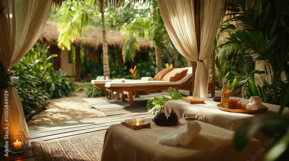 Fototapeta premium Peaceful couple massage serene tropical garden setting