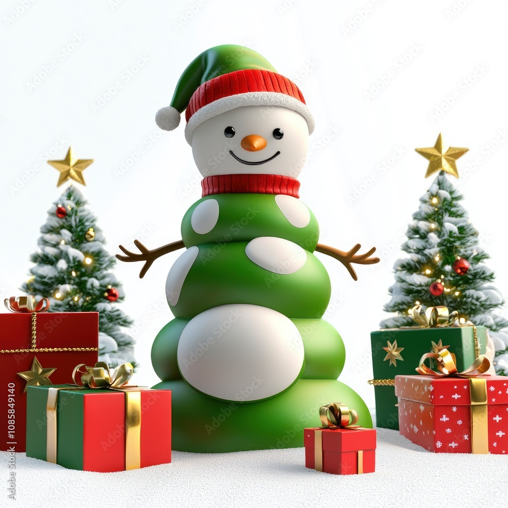 Festive Green Snowman with Christmas Trees and Presents Festive Green Snowman with Christmas Trees and Presents