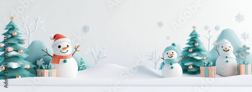 Cheerful snowmen and decorated trees in snowy Christmas scene