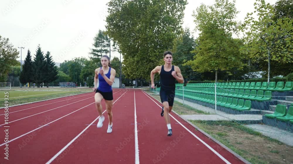A couple of fit sporty men and woman running while doing exercise on the red tracks of a stadium A couple of fit sporty men and woman running while doing exercise on the red tracks of a stadium