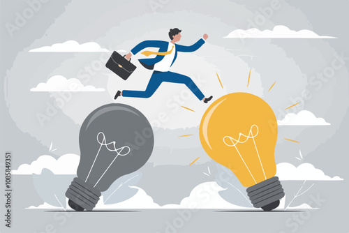 businessman jumping from dull light bulb to bright light bulb symbolizing innovation vector illustration.


