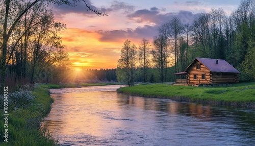 Fototapeta Naklejka Na Ścianę i Meble -  Serene spring sunset over a river beside a log cabin surrounded by lush forests on both sides