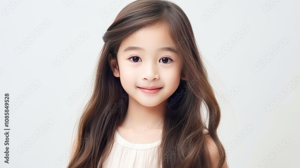 Portrait of smiling asian girl child with long white hair creamy white background. Portrait of smiling asian girl child with long white hair creamy white background.