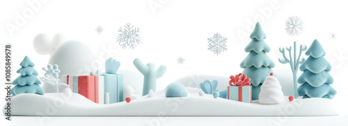Whimsical 3D Christmas scene with snowflakes and gifts