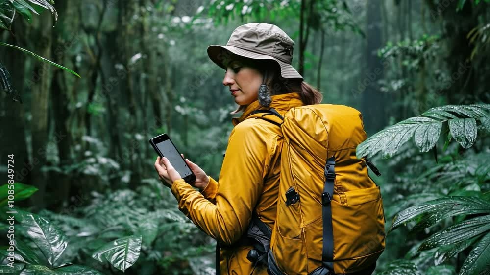 A woman is walking through a forest wearing a yellow backpack