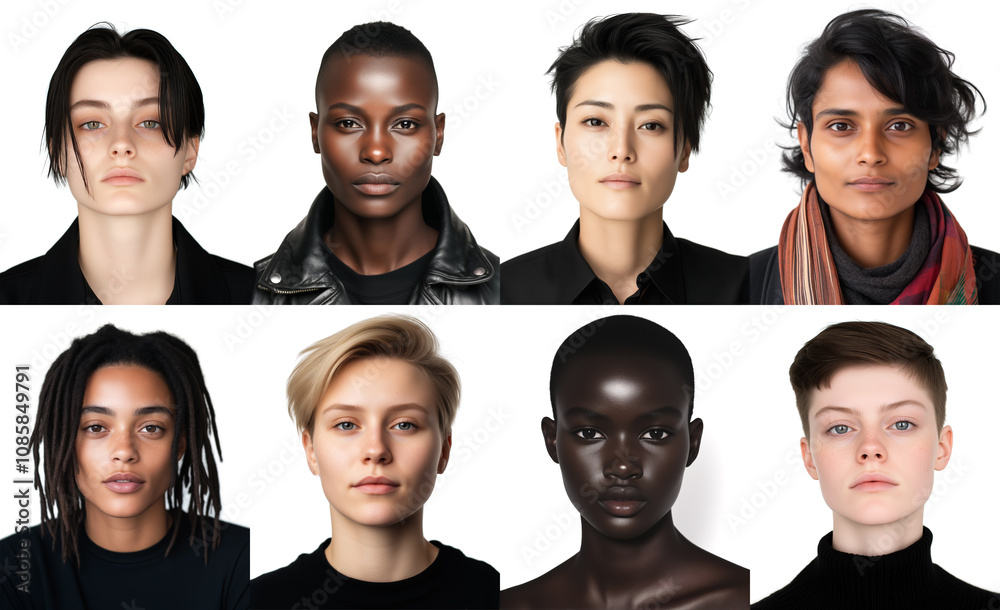Set of different ethnicities androgynous person photos with both male and female characteristics, studio photo white background. Generative AI