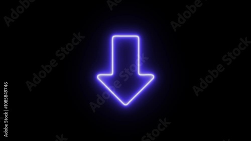 Neon bright download animation. Software download icon on black background. 4k