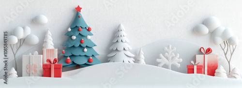 Festive 3D Christmas scene with tree and gifts in snowy landscape