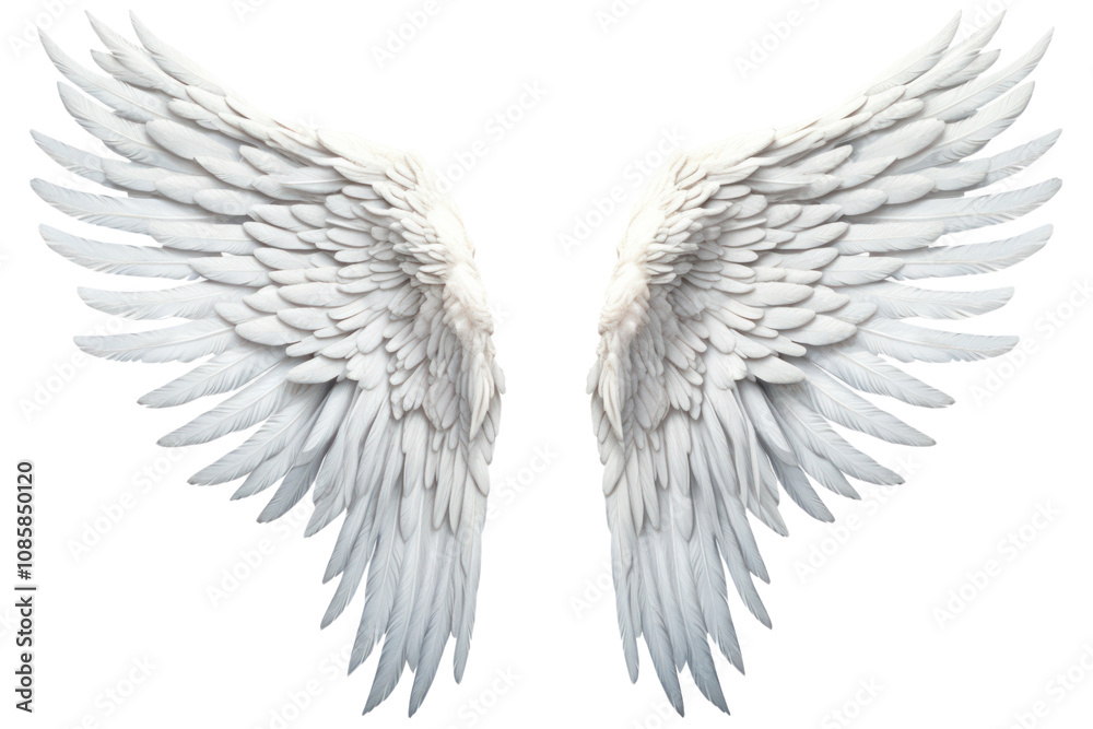 Symmetrical angel wings with a lifelike appearance, each feather meticulously detailed, isolated on white background