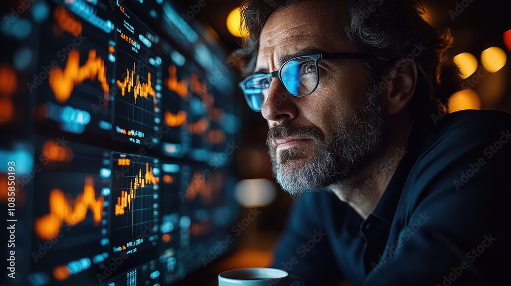 focused analyst reviews data on multiple screens in dimly lit office focused analyst reviews data on multiple screens in dimly lit office