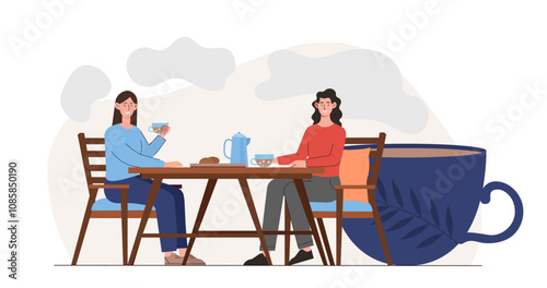 Women with coffee time. Young girls sitting at table with hot drinks. People drinking tea together. Conversation and communication. Flat vector illustration isolated on white background