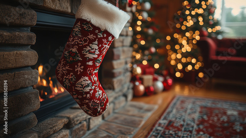 festive Christmas stocking hangs by cozy fireplace photo