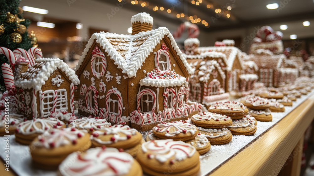Festive holiday bakery with gingerbread houses and cookies Festive holiday bakery with gingerbread houses and cookies