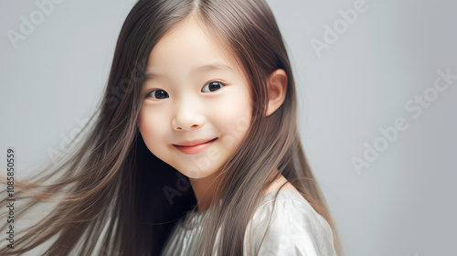 Portrait of smiling asian girl child with long white hair silver background.