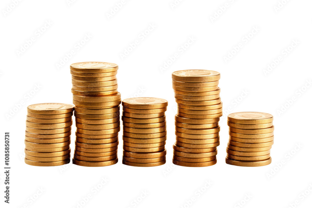 Stacks of coins neatly arranged in ascending order isolated on white background Stacks of coins neatly arranged in ascending order isolated on white background