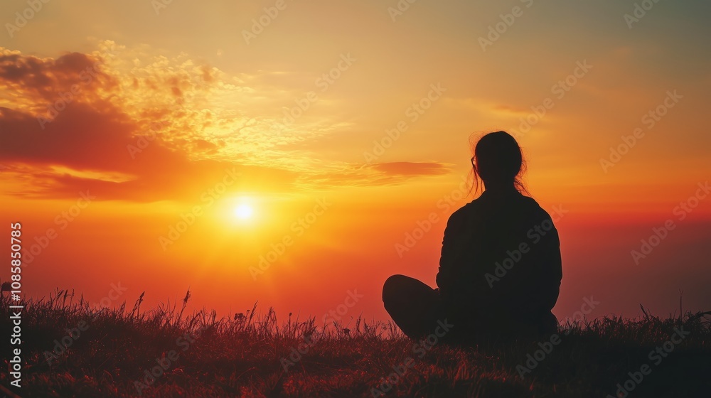 A tranquil moment of reflection at sunset on a hillside with a silhouette of a person gazing at the colorful horizon A tranquil moment of reflection at sunset on a hillside with a silhouette of a person gazing at the colorful horizon