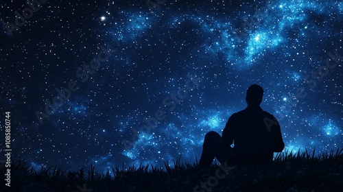 A person sits quietly in a grassy field at night, gazing at a star-filled sky illuminated by distant galaxies