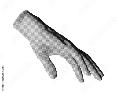 Hand gesture with fingers outstretched and reaching down, symbolizing grasp or touch, isolated in retro halftone dot style. Nostalgic 1990s inspired design with vintage grunge