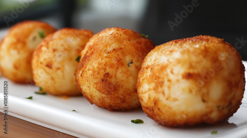 Golden brown crispy fish cakes appetizing food delicious meal savory snack restaurant dish fried food Thai cuisine seafood appetizer culinary cuisine food photography close up plate white plate