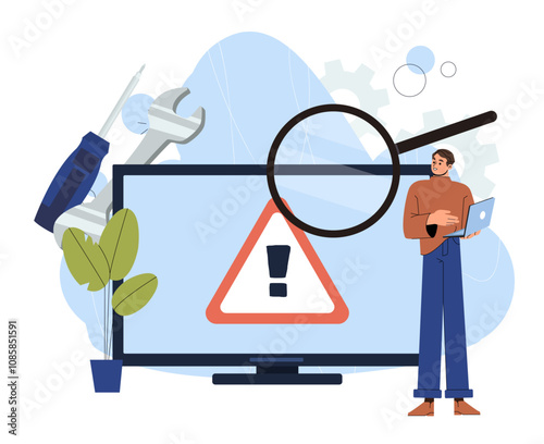 Man with computer repair. Young guy with magnifying glass near computer display and monitor. Hardware and maintenance, technical error. Flat vector illustration isolated on white background