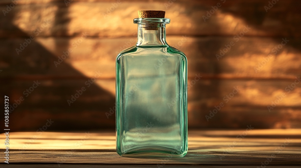 Clear glass bottle of aloe vera juice, isolated on a wooden surface with warm natural lighting Clear glass bottle of aloe vera juice, isolated on a wooden surface with warm natural lighting