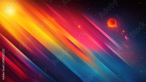 Vibrant abstract space scene with diagonal lines and planets