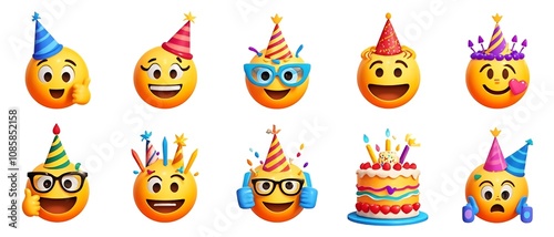 Collection of festive emoji celebrating a birthday with cake and party hats.