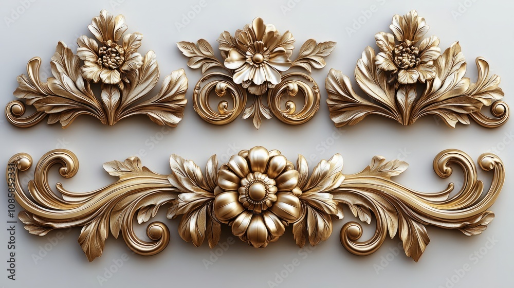 Set of four intricate golden decorative elements with elegant detailing, isolated on a clean white background, perfect for luxury branding, premium invitations, ornate embellishments, and high-end des Set of four intricate golden decorative elements with elegant detailing, isolated on a clean white background, perfect for luxury branding, premium invitations, ornate embellishments, and high-end des