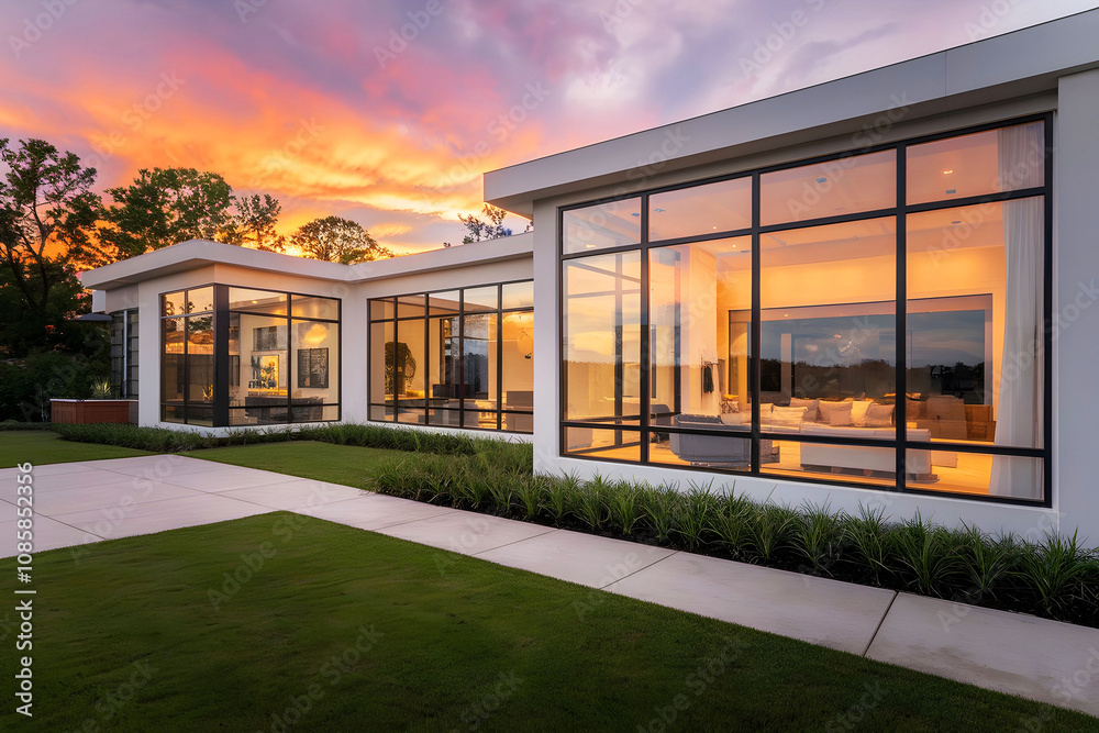 The exterior of a stunning modern farmhouse-style luxury home at dusk in a dramatic sunset The exterior of a stunning modern farmhouse-style luxury home at dusk in a dramatic sunset