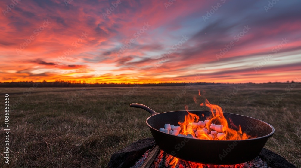 A vibrant sunset illuminates the sky as flames dance in a frying pan, creating a warm, inviting atmosphere in a natural outdoor setting. A vibrant sunset illuminates the sky as flames dance in a frying pan, creating a warm, inviting atmosphere in a natural outdoor setting.