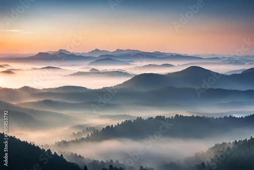 Tranquil mountain landscape during sunrise, with soft golden light illuminating the misty valleys. The vibrant colors of the sky and the cool tones of the mountain create a peaceful, serene atmosphere