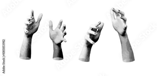 two grayscale isolated hands with fingers slightly curled,  isolated, halftone dotted vector illustration