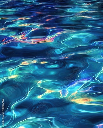 Water surface with iridescence and opalescence texture, liquid holographic water waves coloful background. photo