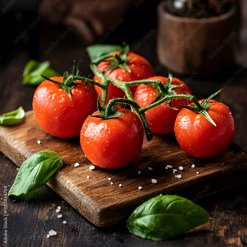 tomatoes with basil, on wooden board tomatoes with basil, on wooden board